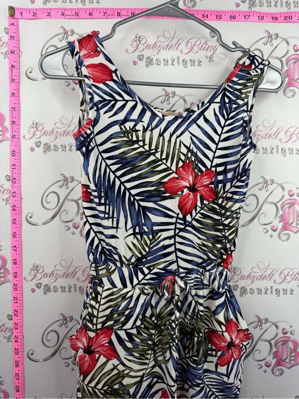 Girls Tropical romper shorts Hibiscus Print Romper - White Blue, Green & Red